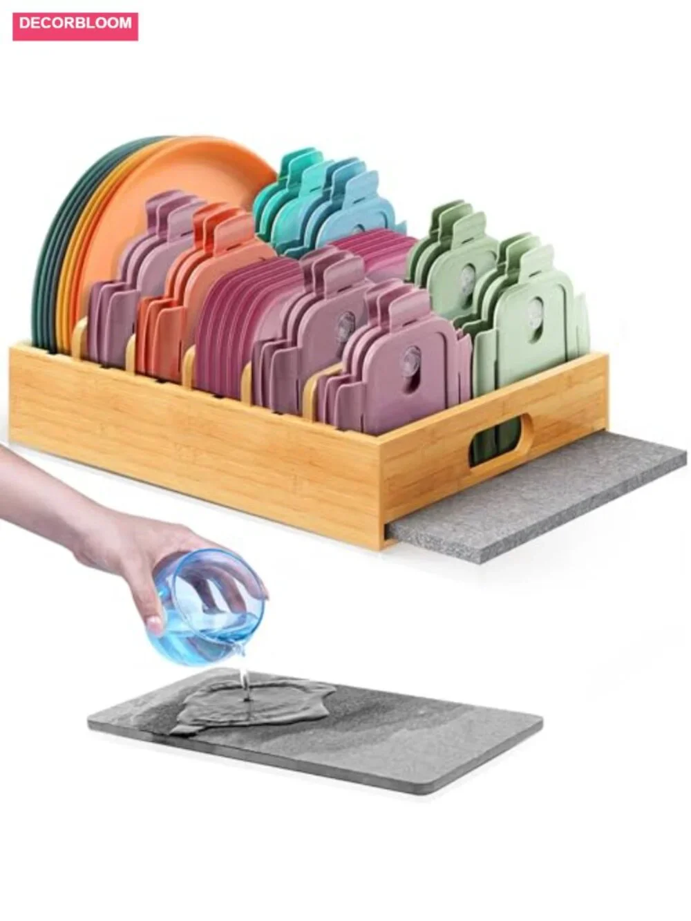 Bamboo Lid Organizer with Diatomite Base, Adjustable Dividers for Pot Lids,